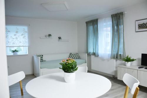 a white living room with a white table and chairs at Apartmán Květinový Dům in Hluk
