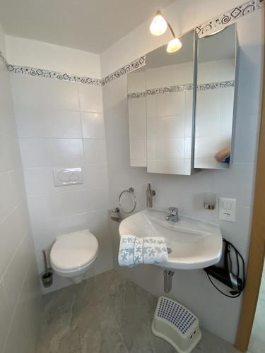 a white bathroom with a toilet and a sink at Ferienhaus Patrizia with a fantastic view of Lake Maggiore and the pool in Gordola