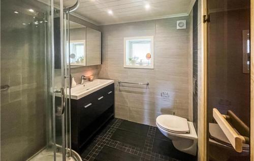 a bathroom with a shower and a toilet and a sink at Beautiful Home In Uvdal With Sauna, Wifi And 5 Bedrooms in Dagali