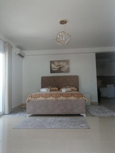 a bedroom with a bed in a white room at Dizara Apartman's in Ulcinj