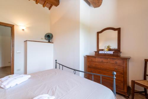 a bedroom with a bed and a mirror on a dresser at Pugnano Alto - Appartamento Tartufo in Lisciano Niccone