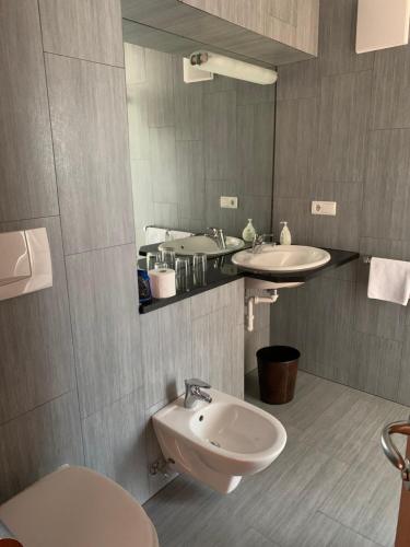 een badkamer met een wastafel, een toilet en een spiegel bij Hotel Alpenhof in Solda
