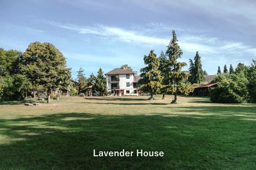 a large yard with a large house and trees at Lavender House in Osieki