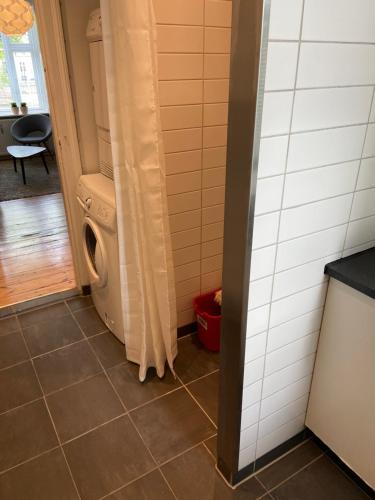 a bathroom with a washing machine in a room at Frederiksberg Apartments 438 in Copenhagen