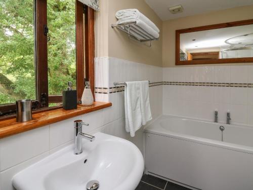 a bathroom with a sink and a tub and a window at Nant Glas in Llanwrda