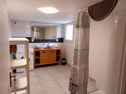 uma casa de banho com um lavatório e uma cortina de chuveiro em MONTALIEU SEJOUR Rez de jardin Les jonquilles - 1 à 4 PERS - PROX CNPE BUGEY - VALLEE BLEU - VIA RHONA em Montalieu-Vercieu