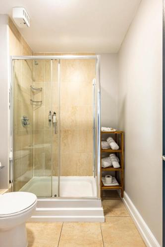 a bathroom with a shower and a toilet at Galway Bay Sea View Apartments in Galway
