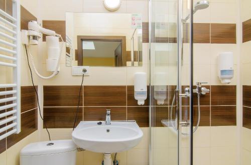 ein Badezimmer mit einem Waschbecken, einem WC und einem Spiegel in der Unterkunft Hotel Max in Prag