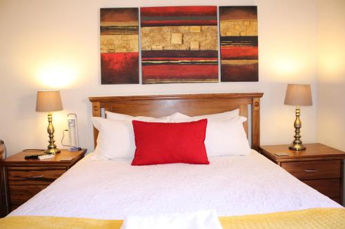 Accommodation at Potch Guesthouse في بوتشيفستروم: غرفة نوم مع وسادة حمراء على سرير
