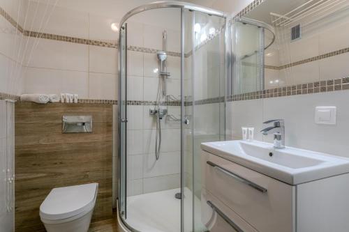 a bathroom with a shower and a toilet and a sink at TriApart Amber Jantar Cozy in Jantar