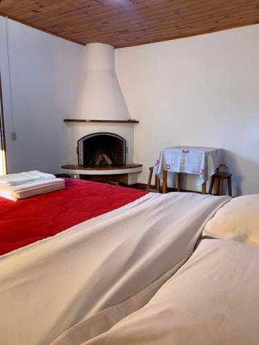 a bedroom with a fireplace and a bed with a red blanket at Chale para casal c Lareira frigobar microondas Independente in Camanducaia