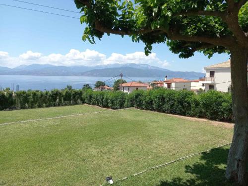 a view from the backyard of a house with a large lawn at Verde e Mare apartments-Marathias in Marathiás