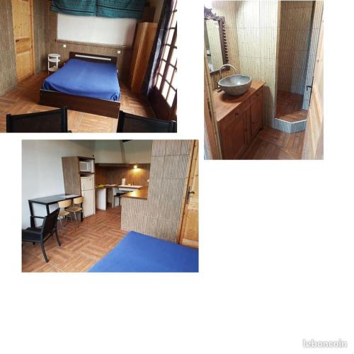 two pictures of a room with a bed and a table at studio Ossages in Ossages