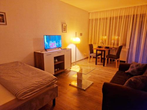 uma sala de estar com uma televisão e um sofá em Wasserfälle Apartments em Sasbachwalden