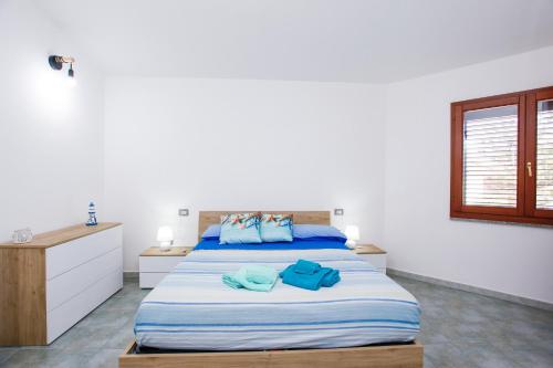 奧羅塞伊的住宿－Casa Michela，一间卧室配有一张带蓝色枕头的大床