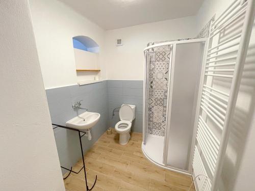 a bathroom with a toilet and a sink at Potvorovská chalupa in Potvorov
