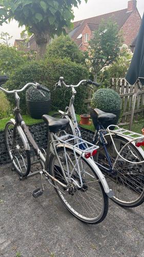 dos bicicletas estacionadas una al lado de la otra en un patio en Khon Thai's House Brugge, en Brujas