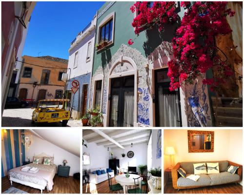 a collage of photos of a building with flowers at Charming Portuguese style apartment, for rent "Vida à Portuguesa", "Amêndoa or Limão" Alojamento Local in Portimão
