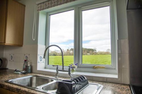 a kitchen sink with a window with a view of a field at Cygnets Nest in Worstead