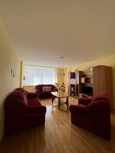 een woonkamer met 2 banken en een salontafel bij Pine Apartment in Šventoji