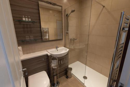 a bathroom with a toilet and a sink and a shower at Scalloway Hotel in Scalloway