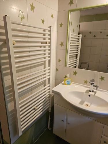 a bathroom with a sink and a mirror at Chata Dajana in Stará Lesná