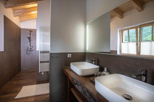 ein Badezimmer mit einem Waschbecken und einer Badewanne in der Unterkunft Dachstein Chalet in Russbach am Pass Gschütt