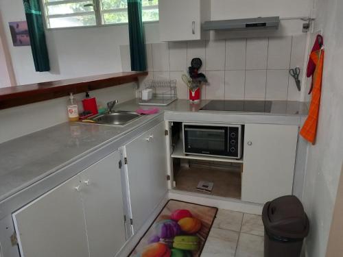 a kitchen with a sink and a drawer with balls in it at Joli T2 au bord de mer de Schoelcher in Schœlcher