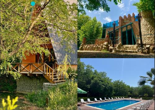 eine Collage mit Fotos von einem Haus und einem Pool in der Unterkunft Chateau Kiramala in Lagodechi