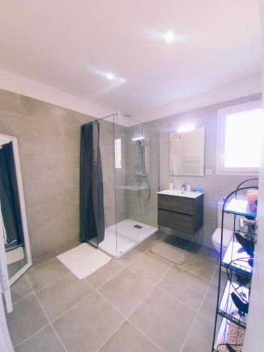 La salle de bains est pourvue d'une douche et d'un lavabo. dans l'établissement Gite Capparone 1, à Bastelicaccia