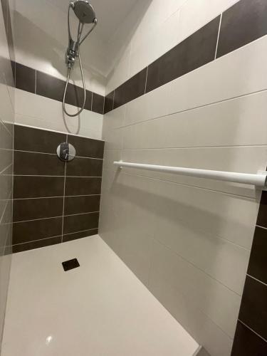 ル・プリガンにあるLe Pouliguen/La Baule Appartement T3の黒と白のタイル張りのバスルーム(シャワー付)