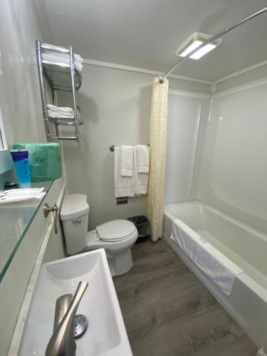 a bathroom with a toilet and a tub and a sink at Ships Inn in Hampton