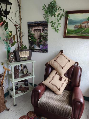 a leather chair with pillows on it in a room at Casa da Rapadoira in Laxoso de Abaixo