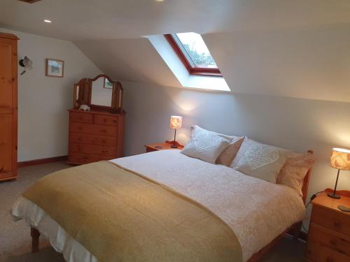 Un dormitorio con una cama grande y una ventana en Ty Twt, en Lampeter