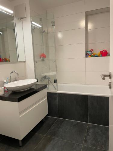 Un baño con lavabo, ducha y bañera. en The Garden Loft, en Frankfurt