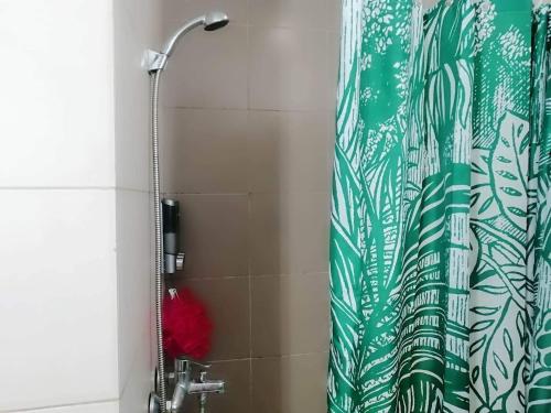 y baño con ducha con cortina verde. en 2 BR Portovita Tower 12-A en Manila