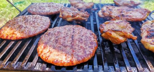 a group of hamburgers and meat on a grill at apartman Dragic in Budva