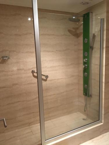 a shower with a glass door in a bathroom at Hotel CasaEstablo by DOT Boutique in Pucón