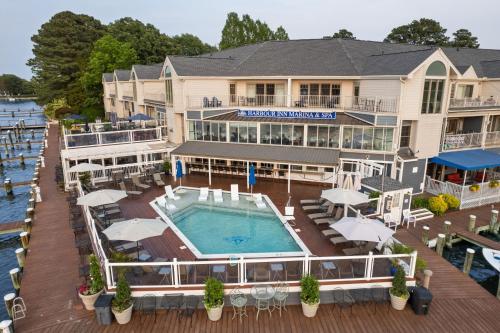 an aerial view of the inn on the water at St Michaels Harbour Inn, Marina and Spa in Saint Michaels