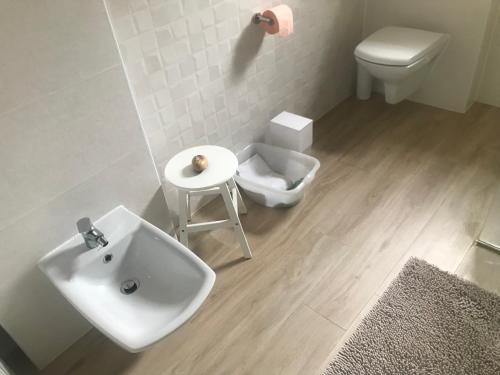 a bathroom with a sink and a stool and a toilet at Apartment Luna Istriana in Medulin