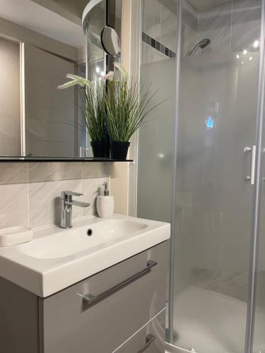 a white bathroom with a sink and a shower at Maison de la Combe in Domme