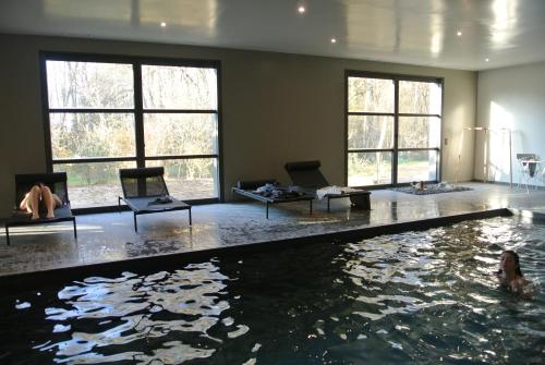 a room with a pool of water with windows at Domaine de La Soudelle in Chanceaux-sur-Choisille