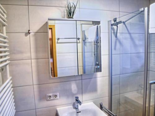 W łazience znajduje się umywalka, prysznic i lustro. w obiekcie Weissensee holiday home w Füssen
