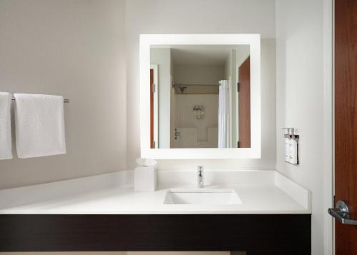 a bathroom with a white sink and a mirror at Holiday Inn Express and Suites New Orleans Airport by IHG in Saint Rose