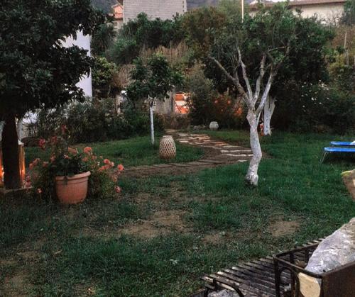a garden with a tree and a stone path at DA LAURA in Bottidda