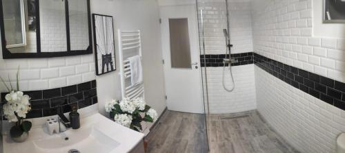 a white bathroom with a shower and a sink at Lovely Home LH à proximité de la plage in Le Havre