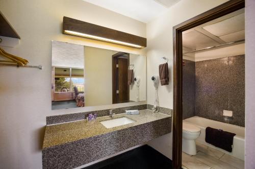 a bathroom with a sink and a toilet and a mirror at Knights Inn Oakley in Oakley