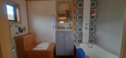a small bathroom with a toilet and a bath tub at Mini Casa Villa De Leyva in Sáchica