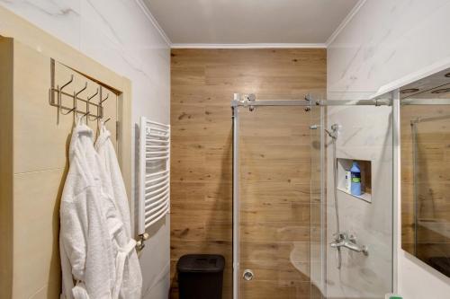 y baño con ducha y cabina de ducha acristalada. en PORTOFINO, with private PARKING, en Novi Sad