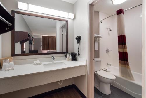 a bathroom with a sink and a toilet and a mirror at Red Roof Inn Columbia, SC Airport in Columbia
